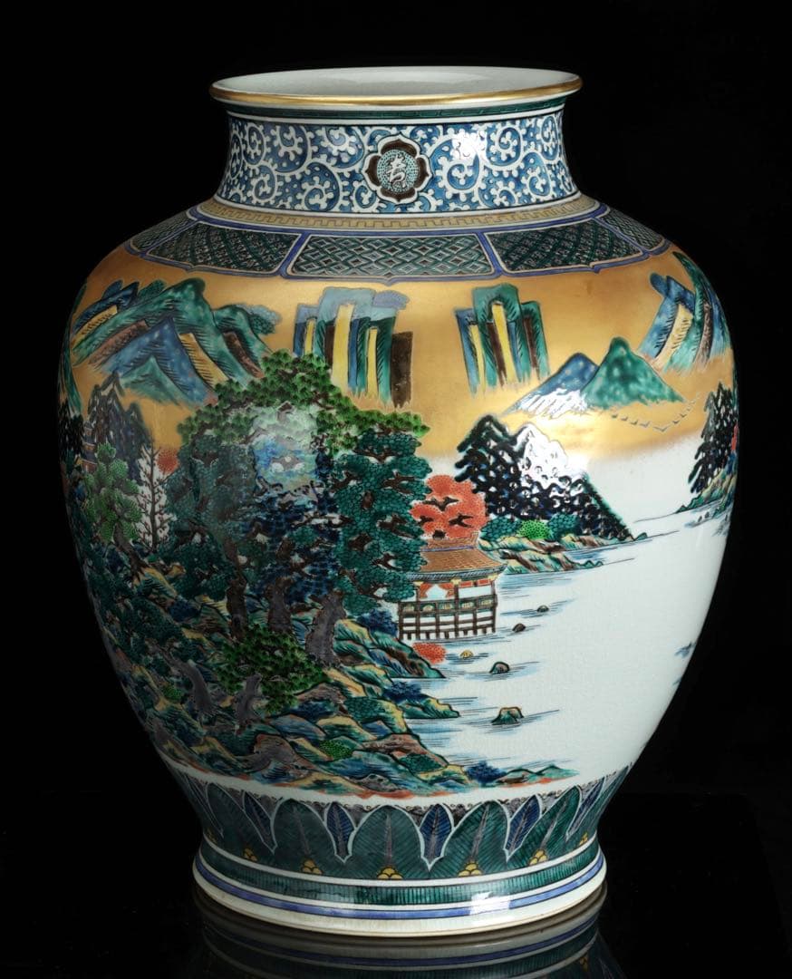 九谷焼 聚山作 金彩色絵 楼閣山水図 特大飾壺 高48㎝ 在銘 古美術 骨董品